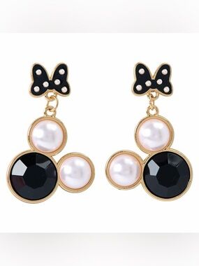 Disney Minnie Mouse Earrings with Black Stones, Cream Pearls and Black Bows